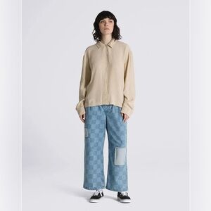 Vans Morgan long sleeve button-front relaxed shirt oatmeal checkerboard XS